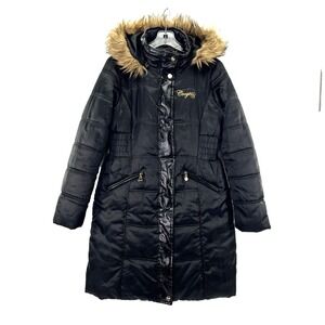 Vintage COOGI Puffer Coat L Black Satin Faux Fur Streetwear Hip Hop Y2K Patent